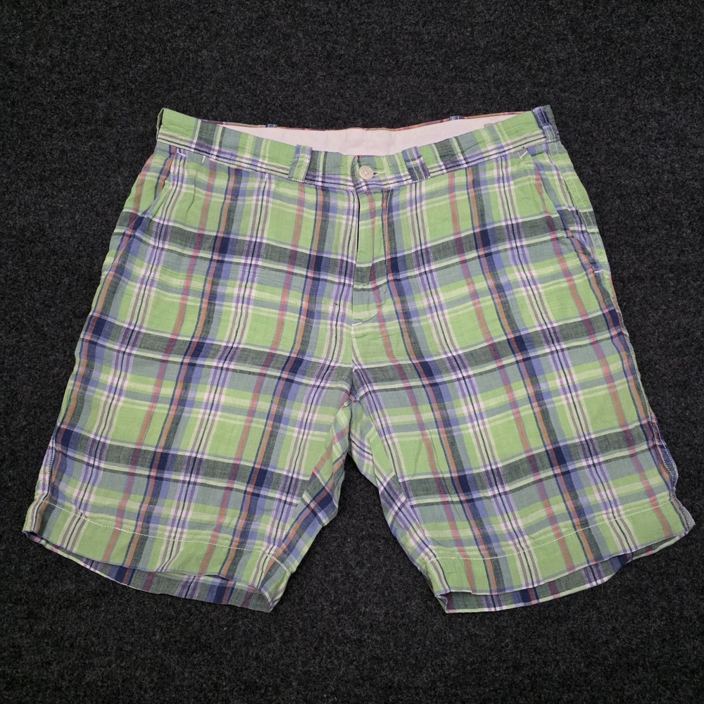 Polo Ralph Lauren Mens 32 Green Blue Madras Plaid Shorts 100% Linen 8" Coastal